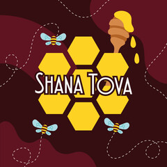 shana tova lettering with bees flying and honey