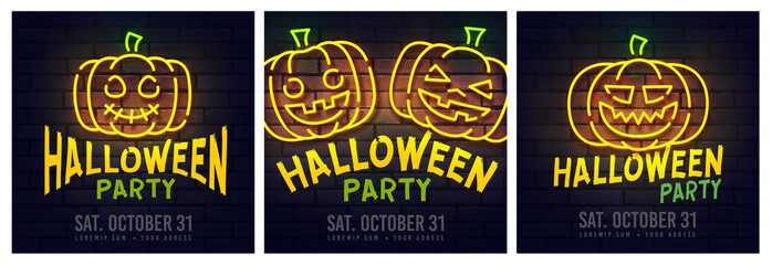 Social Media post template on theme Halloween Party. Set of banners square shape on theme Halloween Party. Design of advertising in social networks. Promotion vector illustration
