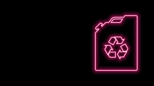 Glowing neon line Eco fuel canister icon isolated on black background. Eco bio and barrel. Green environment and recycle. 4K Video motion graphic animation