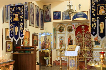 Christian faith. Decoration of the Orthodox church, candles and icons
