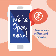 we are open now re opening lettering in smartphone with stop covid19 signal