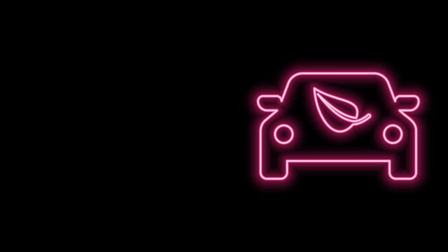 Glowing neon line Eco car concept drive with leaf icon isolated on black background. Green energy car symbol. 4K Video motion graphic animation
