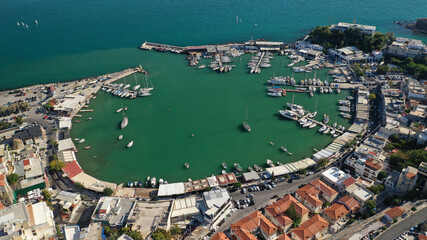 Aerial photo of famous round port of Mikrolimano, Piraeus, Attica, Greece