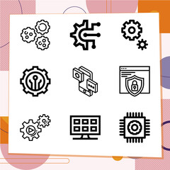 Simple set of 9 icons related to practical application