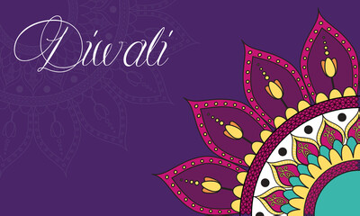 happy diwali celebration lettering with mandala decoration in purple background