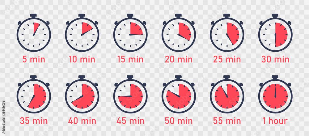 Poster countdown timer. clock, stopwatch vector icons set. full rotation arrow timer. set of simple timers 
