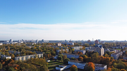 Fototapeta premium Top view of a beautiful autumn park in the city with houses