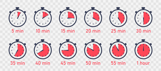 Countdown Timer. Clock, Stopwatch vector icons set. Full rotation arrow timer. Set of simple timers in flat style isolated on transparent background. Vector illustration, eps10. - obrazy, fototapety, plakaty