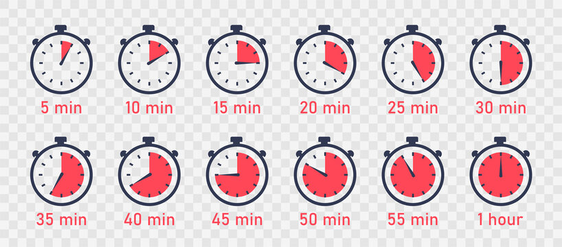 Countdown Timer. Clock, Stopwatch vector icons set. Full rotation arrow timer. Set of simple timers in flat style isolated on transparent background. Vector illustration, eps10.