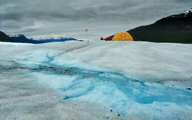 Tent on top of Mendenhall glacier, Juneau icefield, Alaska