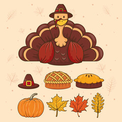 happy thanksgiving day celebration with turkey wearing pilgrim hat and set icons