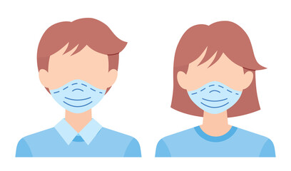Woman and man wearing face medical protective mask isolated flat vector icons, COVID-19 coronavirus pandemic prevention avatars illustration.