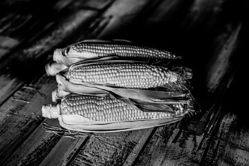 raw fresh corns black and white