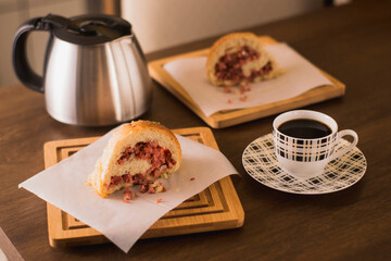 Lunch scene with stuffed bread and coffee