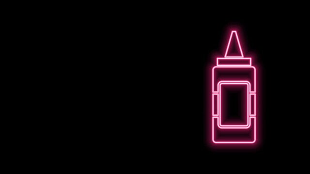 Glowing neon line Mustard bottle icon isolated on black background. 4K Video motion graphic animation