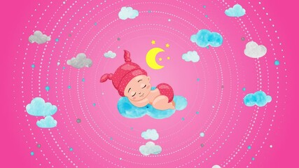 baby girl sleeping on a cloud,clouds moving on a pink background,baby shower animation