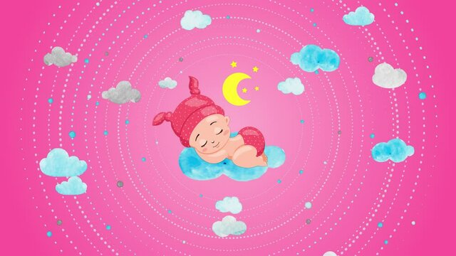 baby girl sleeping on a cloud,clouds moving on a pink background,baby shower animation