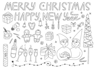Vector illustration of collection of christmas elements for greeting card design. Hand drawn illustration in doodle style. Line art. For web greeting card and another print design.