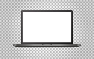 Laptop template on transparent backdrop. Modern computer with white screen. Realistic mockup for poster, magazine, brochure or web. Dark silver notebook. Vector illustration