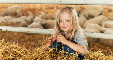 Portrait of caucasian pretty small blond girl siting in stable wih sheep on background, smiling to...