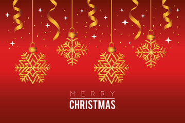 happy merry christmas celebration with snowflakes hanging in red background