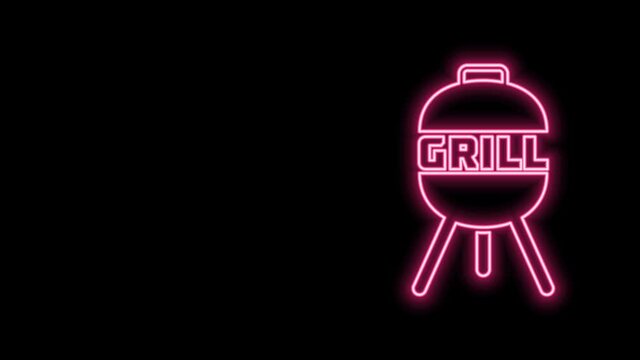 Glowing neon line Barbecue grill icon isolated on black background. BBQ grill party. 4K Video motion graphic animation