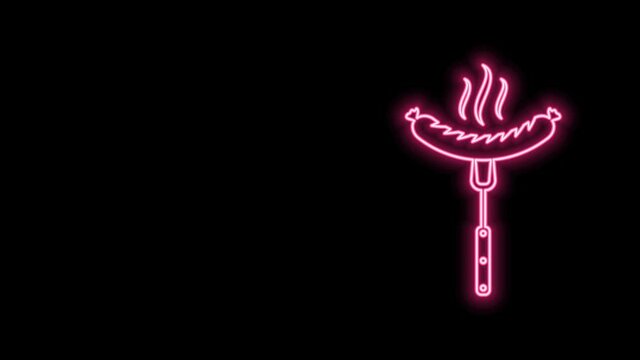 Glowing neon line Sausage on the fork with steam icon isolated on black background. Grilled sausage and aroma sign. 4K Video motion graphic animation