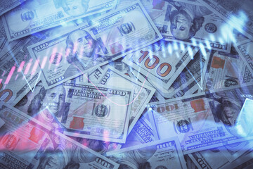 Double exposure of forex graph drawing over us dollars bill background. Concept of financial markets.