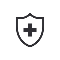 Shield icon. Security vector icon. Protection icon. Safety system. Healthcare. Health insurance. Medical shield. Shield with a cross. Stop virus. Virus protection. Guard badge. Medical aid symbol. 