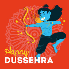 happy dussehra celebration with lord rama blue character in red background