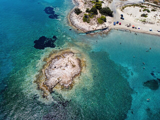 Aerial panoramic view of Pavlopetri islet near Pounda exotic beach in Lakonia