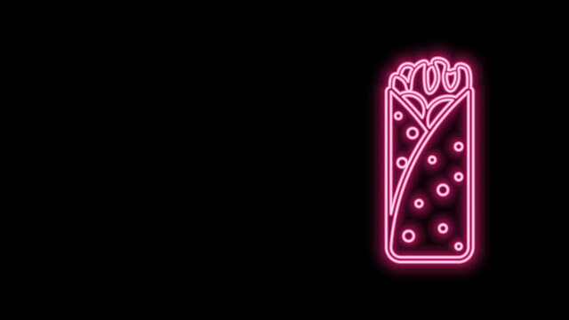 Glowing neon line Burrito icon isolated on black background. Traditional mexican fast food. 4K Video motion graphic animation