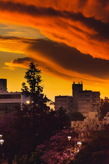 Fototapeta premium En esta fotografía podemos ver un atardecer sin sol, pero con la presencia de nubes pesadas en señal de una tormenta con esos naranjas oscuros y claros que da un tardecer.
