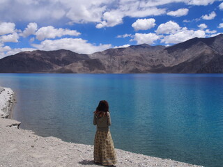 A woman looking out at a beautiful lake, Pangong tso (Lake), Durbuk, Leh, Ladakh, Jammu and Kashmir, India