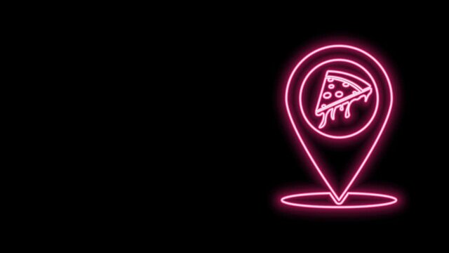 Glowing neon line Map pointer with fast food slice pizza icon isolated on black background. Pizzeria location icon. Pizza cafe and restaurant marker. 4K Video motion graphic animation