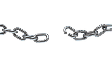 Breaking strong steel chain on white background