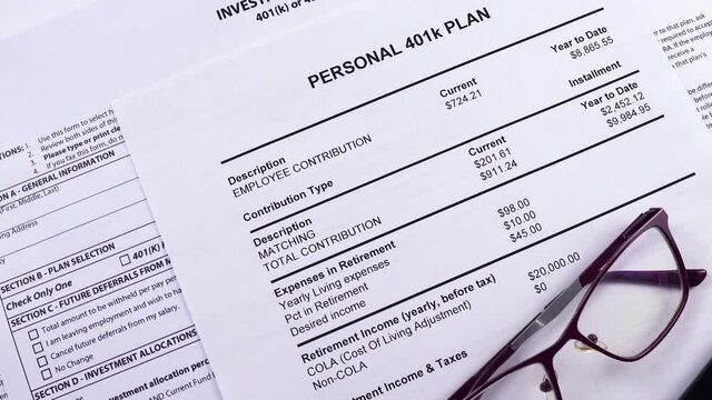 Pension savings. Glasses and pen are on the background Blank form Investment contract 401(k) or 457 plan, blank form Utah retirement system 401(k) and Personal 401k plan . Close-up