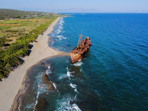 Aerial view of "Dimitrios" shipwreck in Glyfada or Valtaki beach, close to Gytheio town, Mani, Lakonia, Greece