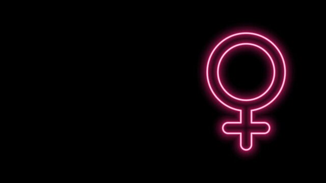 Glowing neon line Female gender symbol icon isolated on black background. Venus symbol. The symbol for a female organism or woman. 4K Video motion graphic animation
