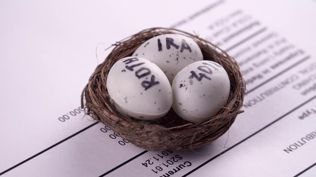 Conceptual composition. Pension savings. Individual retirement account. Three eggs with the inscriptions IRA, 401k, Roth lie in the nest against the background of the Personal 401k plan form. Close-up