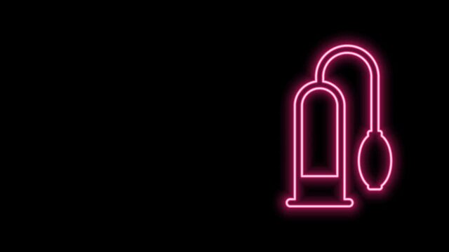Glowing neon line Penis pump icon isolated on black background. Penis enlarger. Sex toy for men. Vacuum pump with a blower to increase the penis. 4K Video motion graphic animation