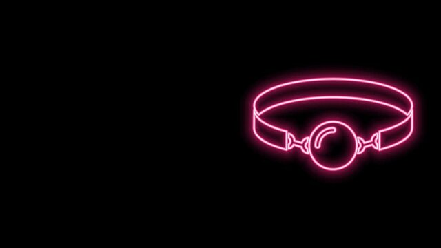 Glowing neon line Silicone ball gag with a leather belt icon isolated on black background. Fetish accessory. Sex toy for men and woman. 4K Video motion graphic animation