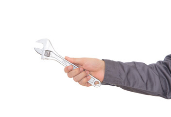 A hand holding a wrench tool in front of white background