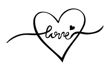 Handwritten word love and hearts on white background