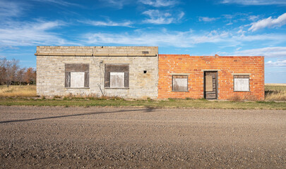 Abandoned business in the ghost town of Nemiskam, Alberta, Canada