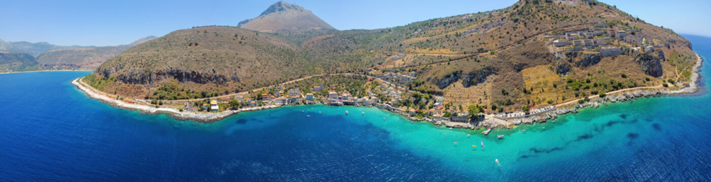 Aerial view of Limeni fish village in Mani, Greece