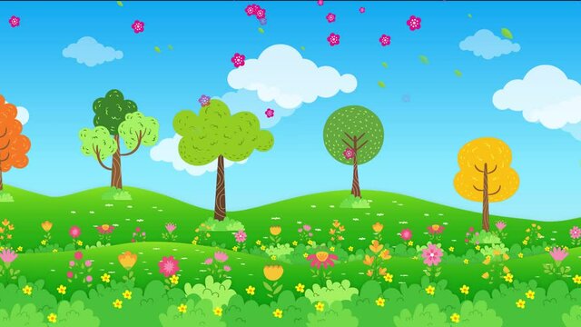 spring landscape animated background footage, falling blossoms and cloudy sky