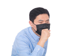 Man wearing a mask coughs vigorously in front of a white background