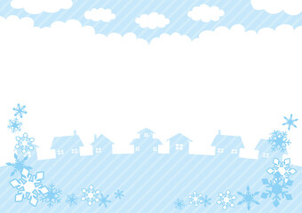 Fototapeta na wymiar 冬の街並みと雪の結晶の風景の背景イラスト