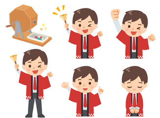 ガラポン抽選機と赤い半被のスタッフ　セット